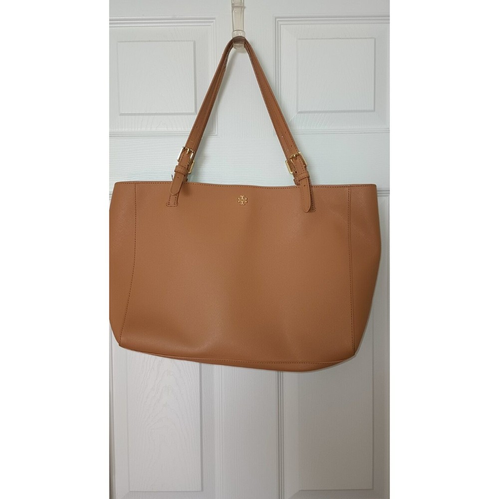 Tory Burch York Buckle Tan Saffiano Leather Gold Tone Hardware-Straps Has Wear